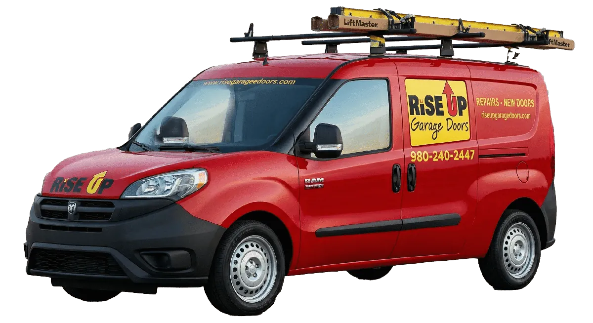 Rise Up Garage Doors branded service van with a LiftMaster ladder rack