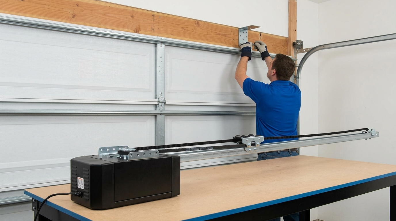 Technician assembling a quieter belt-drive garage door opener rail on a workbench