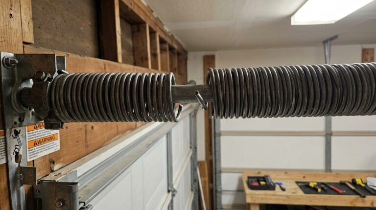 Close-up of a broken garage door torsion spring mounted above the door