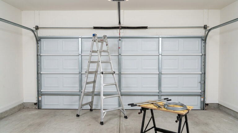 Empty double garage with a stepladder and sawhorse set up before a door installation