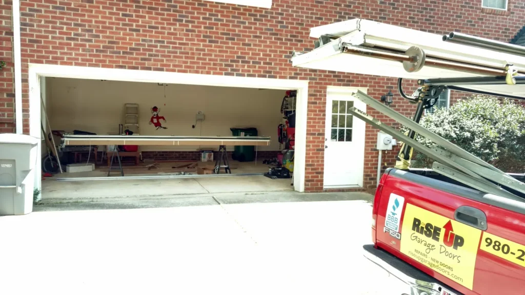 Rise Up Garage Doors work truck parked at a garage door replacement job