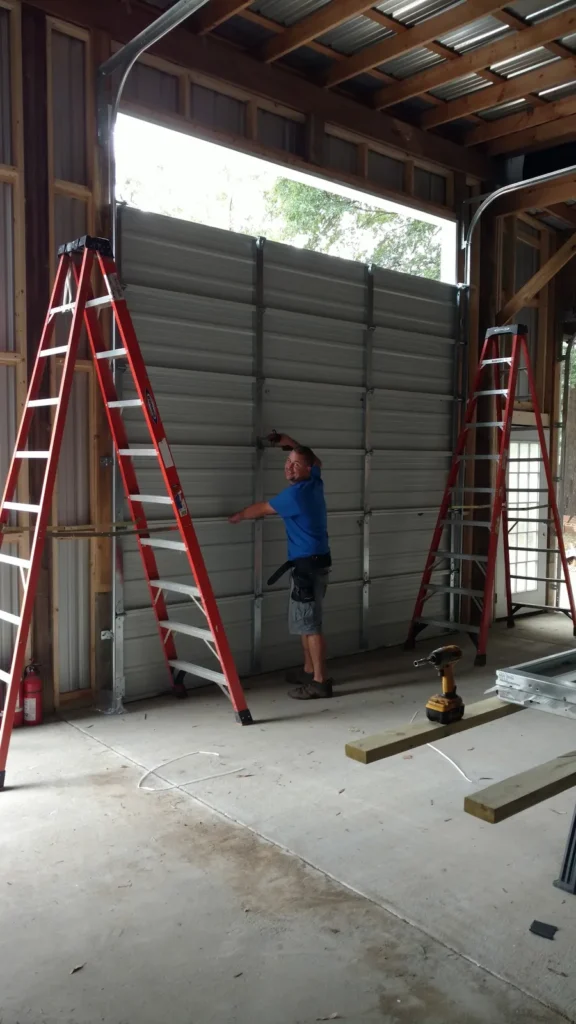 Rise Up technician on ladders installing a new garage door
